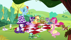 Size: 800x450 | Tagged: safe, derpibooru import, screencap, angel bunny, applejack, fluttershy, gummy, maud pie, opalescence, pinkie pie, rainbow dash, rarity, tank, twilight sparkle, twilight sparkle (alicorn), winona, alicorn, earth pony, pegasus, pony, unicorn, maud pie (episode), female, mane six, mare, picnic, picnic basket, picnic blanket, tea, teacup, teapot