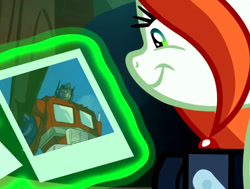 Size: 813x615 | Tagged: safe, edit, edited screencap, screencap, crackle cosette, queen chrysalis, changeling, changeling queen, the mean 6, camera, chrysalis' picture, clash of hasbro's titans, cropped, disguise, disguised changeling, exploitable, optimus prime, transformers