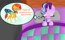 Size: 1024x640 | Tagged: safe, artist:felinefluff, starlight glimmer, sunburst, pony, unicorn, bed, blushing, dream, male, shipping, sleeping, starburst, straight, thought bubble