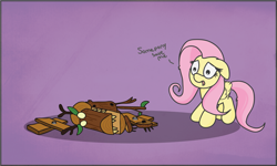 Size: 1931x1157 | Tagged: safe, artist:finalflutter, fluttershy, pegasus, pony, female, mare, scared, timber wolf puppet