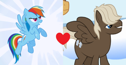 Size: 1386x716 | Tagged: safe, derpibooru import, edit, edited screencap, screencap, dumbbell, rainbow dash, pegasus, pony, dumbdash, female, male, shipping, shipping domino, straight