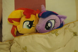 Size: 1095x730 | Tagged: safe, artist:dynasty-dawn, sunset shimmer, twilight sparkle, pony, bed, female, irl, lesbian, photo, plushie, shipping, sunsetsparkle