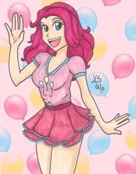 Size: 688x876 | Tagged: safe, artist:kyley, pinkie pie, balloon, humanized, solo, traditional art