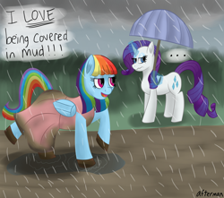 Size: 1700x1500 | Tagged: safe, artist:afterman, derpibooru import, rainbow dash, rarity, pegasus, pony, unicorn, levitation, magic, mud, outdoors, rain, smug, telekinesis, text, unamused