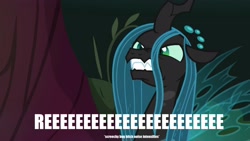 Size: 2560x1440 | Tagged: safe, edit, edited screencap, screencap, queen chrysalis, changeling, changeling queen, the mean 6, chreeeesalis, dialogue, female, former queen chrysalis, reeee, solo, vulgar