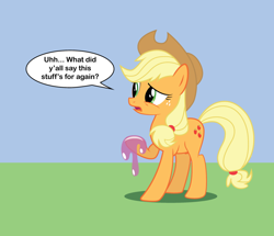 Size: 900x775 | Tagged: safe, artist:crashthestampede, applejack, earth pony, pony, blonde mane, female, gak, mare, orange coat, solo