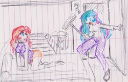 Size: 2191x1403 | Tagged: safe, artist:orochivanus, princess celestia, principal celestia, sunset shimmer, equestria girls, bed, broom, gym, implied lesbian, implied sunsestia, lined paper, question mark, traditional art