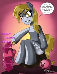 Size: 550x713 | Tagged: safe, artist:xjkenny, derpy hooves, semi-anthro, pinkie bank, sitting