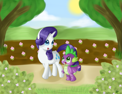 Size: 1225x940 | Tagged: safe, artist:kawaiicutie-chan, rarity, spike, dragon, pony, unicorn, female, garden, male, shipping, sparity, straight