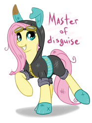 Size: 1181x1578 | Tagged: dead source, safe, artist:spiggy-the-cat, fluttershy, pegasus, pony, bunny ears, clothes, dangerous mission outfit, female, goggles, grin, hoodie, mare, master of disguise, one hoof raised, simple background, smiling, solo, transparent background