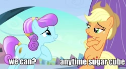 Size: 630x344 | Tagged: safe, applejack, sapphire joy, crystal pony, earth pony, pony, hat, image macro, sapphirejack, shipping