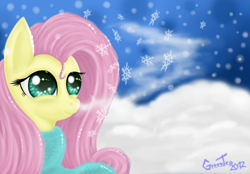 Size: 1920x1334 | Tagged: safe, artist:onlygreentea, fluttershy, pegasus, pony, snow, snowfall, solo