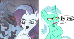 Size: 2004x1066 | Tagged: safe, artist:megasweet, idw, lyra heartstrings, rarity, pony, unicorn, spoiler:comic, comparison, ew gay, meme