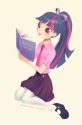 Size: 554x846 | Tagged: safe, artist:kerriwon, derpibooru import, twilight sparkle, book, humanized, mary janes, solo