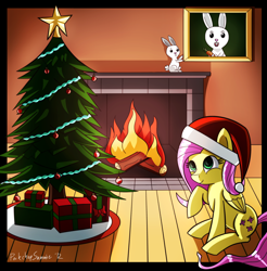 Size: 2568x2612 | Tagged: safe, artist:porkchopsammie, angel bunny, fluttershy, pegasus, pony, christmas, female, mare