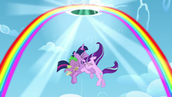 Size: 1280x720 | Tagged: safe, screencap, spike, starlight glimmer, twilight sparkle, twilight sparkle (alicorn), alicorn, dragon, pony, unicorn, the cutie re-mark, clinging, cloud, eyes closed, female, forgiveness, friendship, hug, magic, male, mare, portal, rainbow, s5 starlight, sky, smiling, sonic rainboom, time travel, time vortex, trio, windswept mane