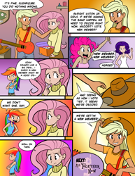 Size: 1280x1657 | Tagged: safe, artist:megasweet, artist:trelwin, applejack, fluttershy, pinkie pie, rainbow dash, rarity, bass guitar, breasts, canter girls, clothes, comic, female, hootershy, humanized, musical instrument, sweater, sweatershy