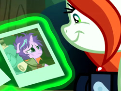 Size: 813x615 | Tagged: safe, edit, edited screencap, screencap, crackle cosette, queen chrysalis, starlight glimmer, changeling, changeling queen, pony, unicorn, the mean 6, camera, chrysalis' picture, cropped, crying, disguise, disguised changeling, exploitable meme, grin, meme, messy mane, sad, sadlight glimmer, smiling