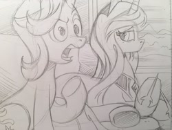 Size: 1200x900 | Tagged: safe, artist:andypriceart, idw, princess celestia, starlight glimmer, alicorn, pony, accord (arc), chaos theory (arc), conclusion: and chaos into the order came, spoiler:comic, spoiler:comic50, monochrome, sketch