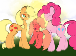 Size: 3338x2462 | Tagged: safe, artist:v-d-k, applejack, pinkie pie, earth pony, pony, applepie, female, lesbian, magical lesbian spawn, offspring, parent:applejack, parent:pinkie pie, parents:applepie, shipping