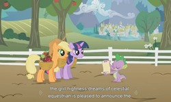 Size: 850x507 | Tagged: safe, derpibooru import, screencap, applejack, spike, twilight sparkle, dragon, earth pony, pony, grill, youtube caption