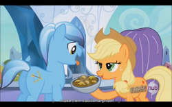 Size: 1024x640 | Tagged: safe, screencap, applejack, night knight, crystal pony, earth pony, pony, the crystal empire, food, youtube caption