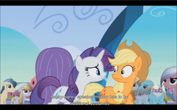 Size: 1024x640 | Tagged: safe, screencap, applejack, rarity, earth pony, pony, unicorn, the crystal empire, youtube caption