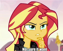 Size: 960x788 | Tagged: safe, screencap, sunset shimmer, equestria girls, friendship games, image macro, meme, not sure if want, solo