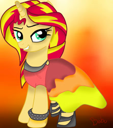 Size: 842x948 | Tagged: safe, artist:babu710, sunset shimmer, pony, unicorn, clothes, dress, solo