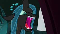 Size: 1280x720 | Tagged: safe, screencap, queen chrysalis, changeling, changeling queen, the mean 6, fangs, female, hatred, open mouth, sharp teeth, teeth, uvula, yelling