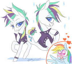 Size: 500x450 | Tagged: safe, artist:creeate97, derpibooru import, rainbow dash, rarity, pegasus, pony, unicorn, it isn't the mane thing about you, alternate hairstyle, duo, female, heart, lesbian, mare, pose, punk, raridash, raripunk, shipping, starry eyes, wingding eyes