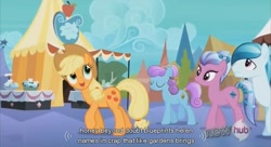 Size: 852x464 | Tagged: safe, screencap, applejack, earth pony, pony, the crystal empire, crystal empire, youtube caption