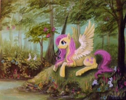 Size: 994x793 | Tagged: safe, artist:policide, fluttershy, pegasus, pony, rabbit, acrylic painting, animal, flower, forest, painting, river, scenery, stream, traditional art, water