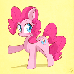 Size: 1200x1200 | Tagged: safe, artist:kty159, pinkie pie, earth pony, pony, blushing, colored pupils, female, looking at you, mare, raised hoof, signature, simple background, yellow background