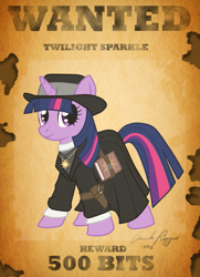 Size: 725x1000 | Tagged: safe, artist:touchofsnow, derpibooru import, twilight sparkle, clothes, hat, solo, wanted, wanted poster