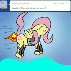 Size: 500x500 | Tagged: safe, artist:askrainbowcakes, fluttershy, pegasus, pony, afterburner, animated, ask, ask rainbow cakes, dumb running ponies, fart, fart propulsion, female, fire fart, mare, solo, tumblr