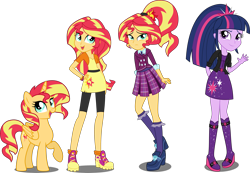 Size: 3500x2426 | Tagged: safe, artist:xebck, sunset shimmer, twilight sparkle, alicorn, pony, equestria girls, friendship games, alicornified, alternate hairstyle, alternate universe, clothes, clothes swap, crystal prep academy, crystal prep academy uniform, crystal prep shadowbolts, cute, frilly socks, frown, looking at you, open mouth, pleated skirt, ponytail, race swap, raised hoof, role reversal, school uniform, shimmerbetes, shimmercorn, simple background, skirt, smiling, socks, transparent background, vector, waving