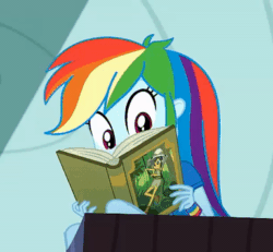 Size: 384x355 | Tagged: safe, derpibooru import, screencap, daring do, rainbow dash, eqg summertime shorts, equestria girls, leaping off the page, animated, gif, reaction image, reversed
