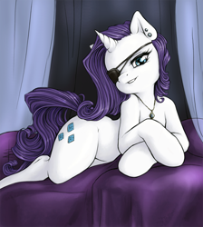 Size: 808x900 | Tagged: safe, artist:tt-n, rarity, pony, unicorn, eyepatch, female, looking at you, lying down, mare, necklace, seductive, sexy, solo