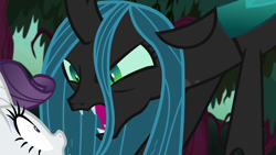 Size: 1280x720 | Tagged: safe, screencap, mean rarity, queen chrysalis, changeling, changeling queen, the mean 6, angry, clone, demands, everfree forest, fangs, female, forest, former queen chrysalis, leaning forward, yelling