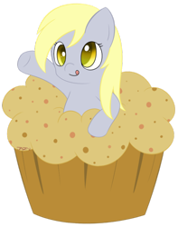 Size: 600x761 | Tagged: safe, artist:pokumii, derpy hooves, pegasus, pony, female, giant muffin, mare, muffin, solo