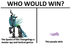 Size: 769x482 | Tagged: safe, mean twilight sparkle, queen chrysalis, changeling, changeling queen, the mean 6, clone, exploitable meme, meme, stick, vector, who would win, wood