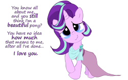 Size: 1530x957 | Tagged: safe, artist:newportmuse, part of a series, part of a set, starlight glimmer, pony, unicorn, beautiful, bronybait, clothes, crying, cute, dialogue, dress, everypony is beautiful, female, glimmerbetes, looking at you, mare, raised hoof, simple background, smiling, solo, tears of joy, teary eyes, text, transparent background, wavy mouth