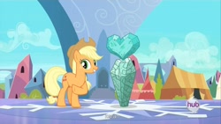 Size: 1920x1080 | Tagged: safe, screencap, applejack, earth pony, pony, the crystal empire, female, mare, youtube caption