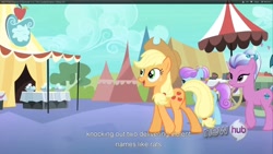 Size: 1920x1080 | Tagged: safe, screencap, applejack, elbow grease, paradise (crystal pony), sapphire joy, earth pony, pony, the crystal empire, youtube caption