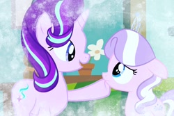 Size: 1800x1200 | Tagged: safe, edit, edited screencap, screencap, diamond tiara, starlight glimmer, pony, unicorn, duo, eye contact, floppy ears, frown, looking at each other, open mouth, sad, smiling