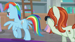 Size: 854x480 | Tagged: safe, screencap, crackle cosette, queen chrysalis, rainbow dash, changeling, changeling queen, pegasus, pony, the mean 6, camera, eyes on the prize, out of context, plot