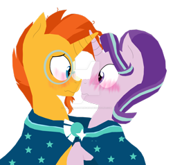 Size: 1024x973 | Tagged: safe, artist:digital-heartbeat, starlight glimmer, sunburst, pony, unicorn, blushing, boop, looking at each other, male, noseboop, shipping, simple background, starburst, straight, transparent background, watermark