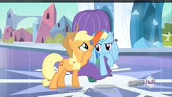 Size: 1920x1080 | Tagged: safe, screencap, applejack, rainbow dash, earth pony, pegasus, pony, the crystal empire, youtube caption