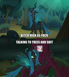 Size: 1920x2160 | Tagged: safe, edit, edited screencap, screencap, fluttershy, queen chrysalis, changeling, changeling queen, pegasus, pony, the mean 6, everfree forest, female, former queen chrysalis, hair, image macro, implied drug use, laughing, meme, solo, tree, vulgar